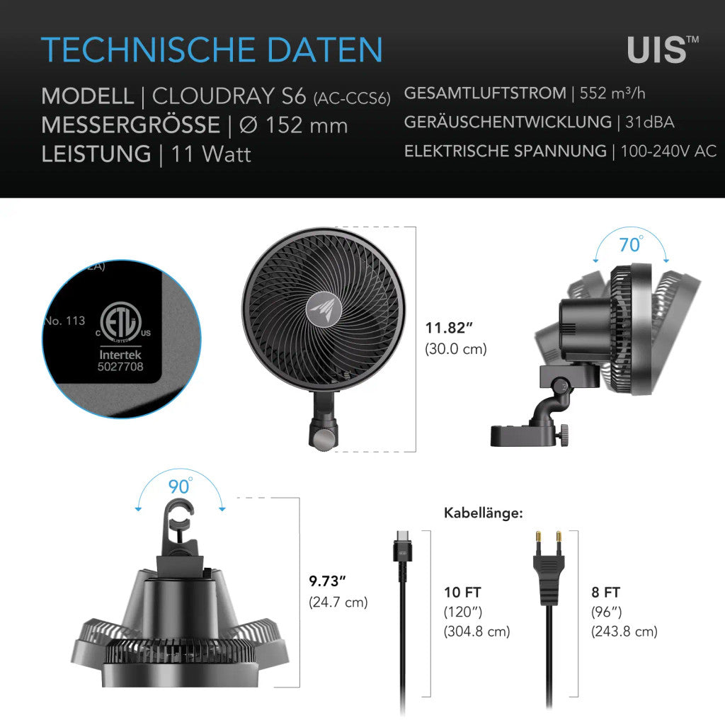 CLOUDRAY S6, Growzelt-Clipventilator 150 mm, EC-Motor, automatische Oszillation, 10-stufigen dynamischen Windmodi und Lüftergeschwindigkeiten - 420GEEKS